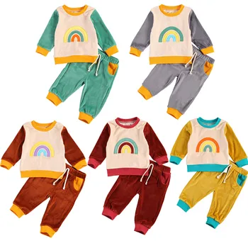 5 Culori De Toamna Iarna Pentru Copii Fete Baieti Haine Seturi Curcubeu De Imprimare Mozaic Tricou Maneca Lunga Topuri Pantaloni