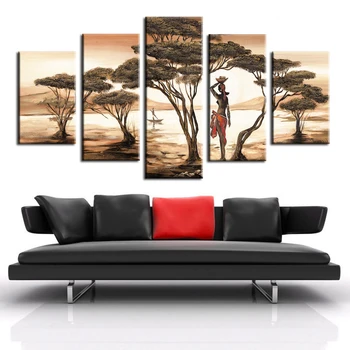 5 Panouri Femeie Africană Panza Tablouri Pentru Living African Sunset Copaci, Peisaj Modular Peisaj Marin Imagini De Perete Postere