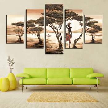 5 Panouri Femeie Africană Panza Tablouri Pentru Living African Sunset Copaci, Peisaj Modular Peisaj Marin Imagini De Perete Postere