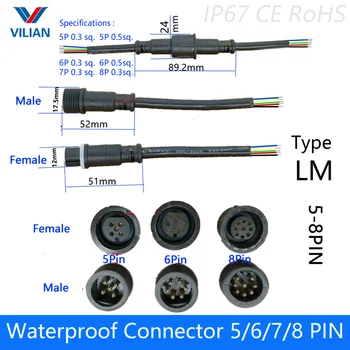 5 perechi conector rezistent la apa Curentă 2.4 A/4A 5 pin / 6 pin / 7 pin / 8pini cu cablu IP67 de sex feminin de sex masculin plug 0.3/0.5 (mm2)