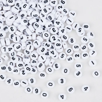 500 Buc Doreen Cutie Acrilic Numere Mixte Margele Spacer 0 - 9 Plat Rotund Alb 7mm Dia. Pentru DIY Brățară Colier Bijuterii de Luare