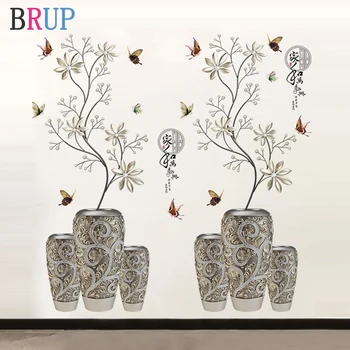 58*118cm Argint Vaza de Flori Autocolante de Perete de Artă Butterfly Tree Decor Acasă Vinil DIY Decalcomanii de Perete Plantă de Ghiveci Camere de Decorare
