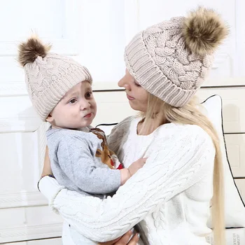 5Colors Mama si Copil Pălărie cu Pompom Cald Blană de Raton Bobble Beanie Copii din Bumbac Tricotate Fete Băiat Pălărie de Iarnă Capace Cadou de Crăciun