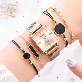 5PCS Ceasuri Femei Pătrat a Crescut de Aur Magnetic Ceasuri de mână de Brand de Moda Doamnelor Ceasuri Femei Cuarț Ceas Montre Femme