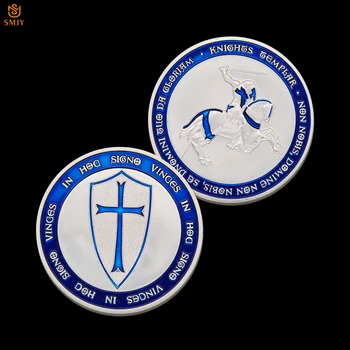 5pcs European de Suveniruri Monede Catolică Templu Cruce Albastră Cavaler Cavaler Scut Medalia de Argint de Metal de Culoare Replica de Monede de Colecție