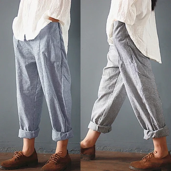 5XL Lenjerie de pat din Bumbac pentru Femei Pantaloni Primavara-Vara Liber de Talie Mare cu Dungi, Buzunare Harem Pantaloni Casual Vintage Trunchiate Pantaloni