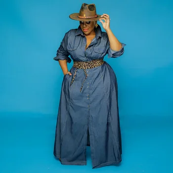 5XL Plus Dimensiune Blugi Rochii Maxi pentru Femei Complet Maneca Rândul său, în Jos Guler Albastru Denim O Linie Rochie 2021 Noua Moda Streetwear Vestidos
