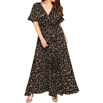 5XL Plus Dimensiunea Rochie de Femei 2020 Moda de Vară V Gâtului Maneca Scurta imprimeu de Leopard Rochie Casual Belted Maxi Rochii Lungi