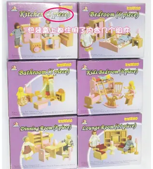 6 camere copii set întreg de lemn roz mobilier casă de păpuși jucării/ Copii fete ziua de nastere cadouri de lemn bucatarie baie dormitor de jucarie