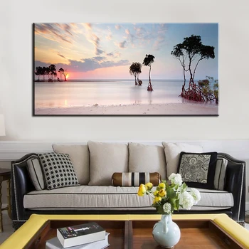60x120cm-Natural Sea Beach Copac, Apus de soare Peisaj Postere si Printuri Panza Pictura Arta de Perete de Imagine pentru Camera de zi Decor Salon