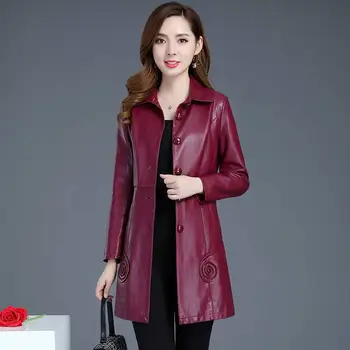 6XL Roșu de toamnă lungă geaca de piele PU jacheta 2019 moda coreeană single-breasted de primăvară bomberka damska veste femme Plus dimensiune