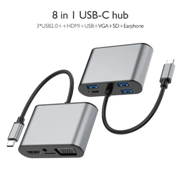8-in-1 Type-C la 4K HDMI VGA PD Încărcare USB 3.0 2.0 Hub Docking Station Adaptor Suport 1080P HDMI+VGA Afișarea Simultană
