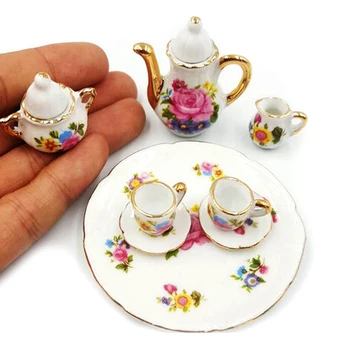 8 Piese Miniaturale Păpuși Tacâmurile De Ceai Din Portelan Set Tacamuri Cupa Placa De Imprimare Florale Colorate