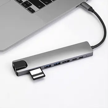 8 în 1 USB-C Hub de Tip C Multiport Card Reader Adaptor 4K compatibil HDMI Pentru Notebook-uri Cu Adaptor de Alimentare USB de Mare Viteză Pentru PC