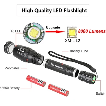 8000LM Lanterna LED-uri Ultra Luminoase Lanternă Reîncărcabilă lanterna Led-uri Lanterne Reglabil pentru Camping, Drumeții Urgență prin 18650