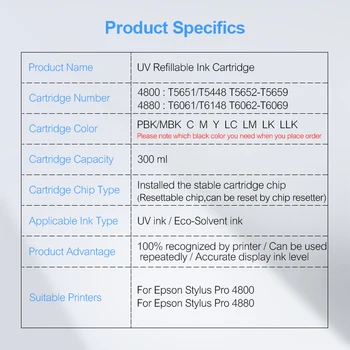 8Colors/Set T5448 T5651-T5659 T6148 T6061-T6069 UV Refillable Cartuș de Cerneală Cu Chip Pentru Epson Stylus Pro 4800 4880 300ML/PC