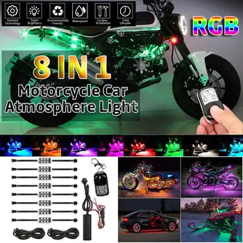 8IN1 RGB 48LED Inteligente, Lumini de Frână Masina Motocicleta Atmosfera de Lumina cu Telecomanda Wireless Moto Benzi Decorative Lampa Kit