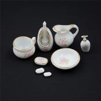 8Pcs/Set Florale din Ceramica Pastel a Crescut casă de Păpuși Decor Baie de Păpuși Kituri Cadou 1/12 Miniatură Set de Păpuși Accesorii de Baie