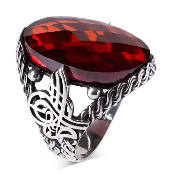 925 Otoman Tugra Fatetate Rosii Ovale Placat cu Argint Inel Barbati Moda turcească de Calitate Premium, lucrate Manual Jawelery