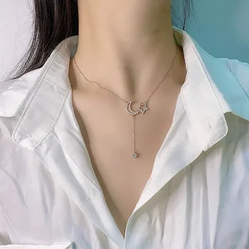 925 Sterling Silver Star Luna Zircon Colier Pentru Femei Coreea Populare De Lux De Lumină Lady Petrecere Bijuterii Fine Flyeaf