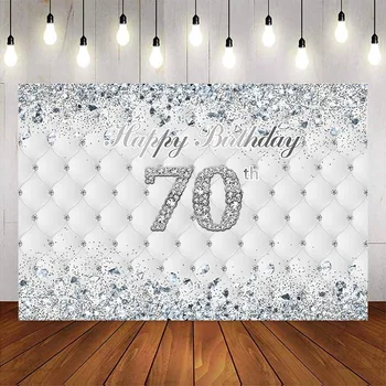 A 70-a Aniversare fondul feliuta petrecerea de ziua decor alb bordura argintiu sclipici și diamante de fundal personalizate