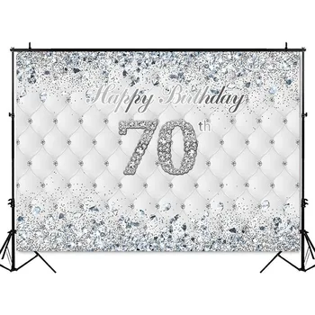 A 70-a Aniversare fondul feliuta petrecerea de ziua decor alb bordura argintiu sclipici și diamante de fundal personalizate