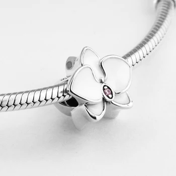 A se potrivi Brand de Bratari DIY Margele pentru a Face Bijuterii de Argint-Bijuterii Orhidee Farmece Email Alb Argint 925 Berloque Perles