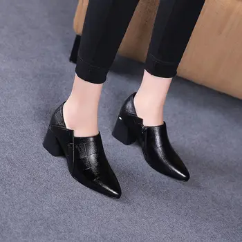 A subliniat toe Mijlocul Tocuri Femei 2020 Toamna Singură Pantofi Femei piele PU Moale Pantofi Toc Pătrat de sex Feminin Coreea Stil Fermoar Lateral Negru