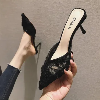 A subliniat Toe Tocuri Subtiri de Mare Toc Catâri papuci femeie 2019 pantofi de Vara pentru femeie de Moda Plasă de Superficial Negru doamnelor pantofi de sex feminin