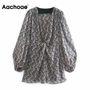Aachoae 2020 New Sosire Imprimeu Floral Rochii Pentru Femei V-Gât O Linie Rochie Mini Lanterna Cu Maneci Lungi Șifon Rochie Sundress