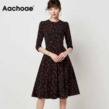 Aachoae Elegant a-line Plisate Rochie de Femei Vintage Dot Print Office Midi Rochii Casual, O Gatului Maneca Trei Sferturi-Tunica Halat