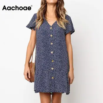 Aachoae Femei Rochii De Vară 2020 Boem Zburli Dot Butonul Print Dress V Gâtului Maneca Scurta Rochie Mini Casual Vrac Rochie De Plaja