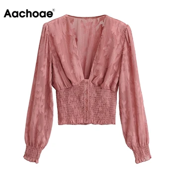 Aachoae Solid Lady Topuri Scurte V Gât Roz Vintage Bluza Șifon Cutat Talie Elastic Flori Tăiate Tricou Femei Vara Toamna