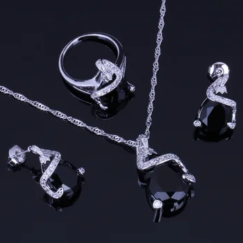 Absorbție Negru Cubic Zirconia Placat Cu Argint Seturi De Bijuterii Cercei Pandantiv Lanț Inel V0238