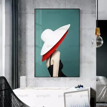 Abstract Culoarea de Moda Elegant Frumoasă Doamnă cu Pălărie Minimalist Nordic Perete Tablou Fara rama de Imprimare Decorațiuni interioare Poster