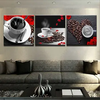 Acasă Decorare Camera Postere Cadrul Arta De Perete Modular Poza 3 Buc Cafea Petală De Boabe De Cafea Ceasca De Imprimare Pe Panza