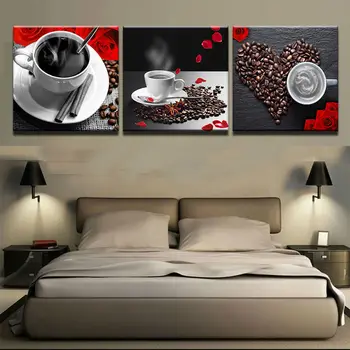 Acasă Decorare Camera Postere Cadrul Arta De Perete Modular Poza 3 Buc Cafea Petală De Boabe De Cafea Ceasca De Imprimare Pe Panza