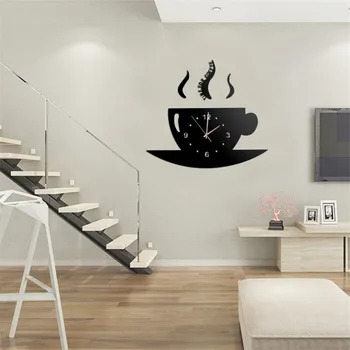 Acasă decoration3D oglindă design modern ceas de perete ceașcă de cafea tăcut nou acasă ceas auto-adeziv cuarț autocolant bucătărie klok