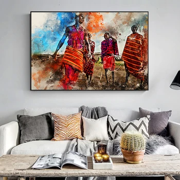 Acuarelă Artă Africană Tribul Maasai Dans Panza Pictura Postere si Printuri Abstracte de Arta de Perete Imagini pentru Living Decorul Camerei