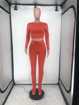 Adogirl 2020 Toamna Femei Solid 2 Bucata Set Trening O Gatului Maneca Lunga Tricou Crop Top Stivuite Pantaloni De Moda De Îmbrăcăminte De Sex Feminin