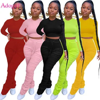 Adogirl 2020 Toamna Femei Solid 2 Bucata Set Trening O Gatului Maneca Lunga Tricou Crop Top Stivuite Pantaloni De Moda De Îmbrăcăminte De Sex Feminin