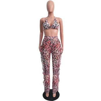Adogirl Leopard de Imprimare de Vară Plasă Două Bucata Set Halter Bra Top Unduiri Largi Picior Pantaloni cu Chilotei Sexy de Plajă, Costume de Club, Costume