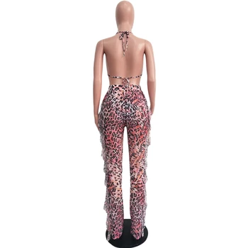 Adogirl Leopard de Imprimare de Vară Plasă Două Bucata Set Halter Bra Top Unduiri Largi Picior Pantaloni cu Chilotei Sexy de Plajă, Costume de Club, Costume