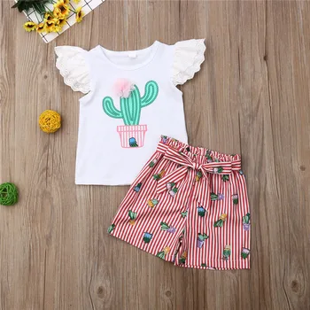 Adolescente haine Fata Copil Dantelă Cactus T-Shirt Stripe Pantaloni de Costum de Haine de Vară pentru copii îmbrăcăminte roupas infantil menino