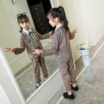 Adolescente Sacou Costum pentru Copii Carouri de Moda Jachete + Pantaloni Scoala Uniforme Fete Haine Copii Haine Formale Costum Set