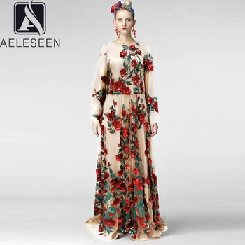 AELESEEN Maxi Rochie Femei de Lux de Înaltă Calitate 2020 Moda Pistei Paiete Rosii Broderie Flori de Partid pentru Plus Dimensiune Rochie de Vacanță