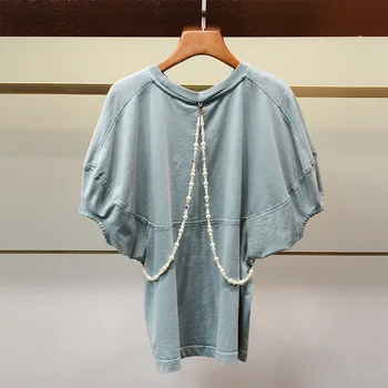 AELESEEN Pistă de Moda Albastru T-Shirt Designer de Înaltă Calitate Stil Liber T-Shirt de Imprimare de Lux Perle Chian Petrecere Casual T-Shirt