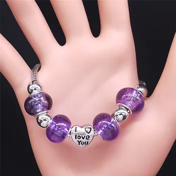 AFAWA Dragoste Inima Violet de Sticlă Oțel Inoxidabil Brățară de Lanț pentru Femei de Culoare de Argint Bratari Bijuterii pulseira feminina BXS01