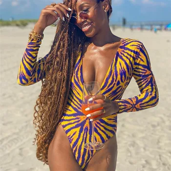 Africa De Imprimare Maneca Lunga, Costume De Baie O Piesă De Protecție Uv Costume De Baie Femei 2021 Căptușit Plaja Monokini Face Baie Pe Plajă Rochii V Gâtului