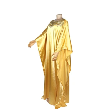 African rochii pentru femei Rochie Lunga de Culoare de Aur Model cu Dungi Largi tip Liliac Maneca aplicatiile Guler Rotund